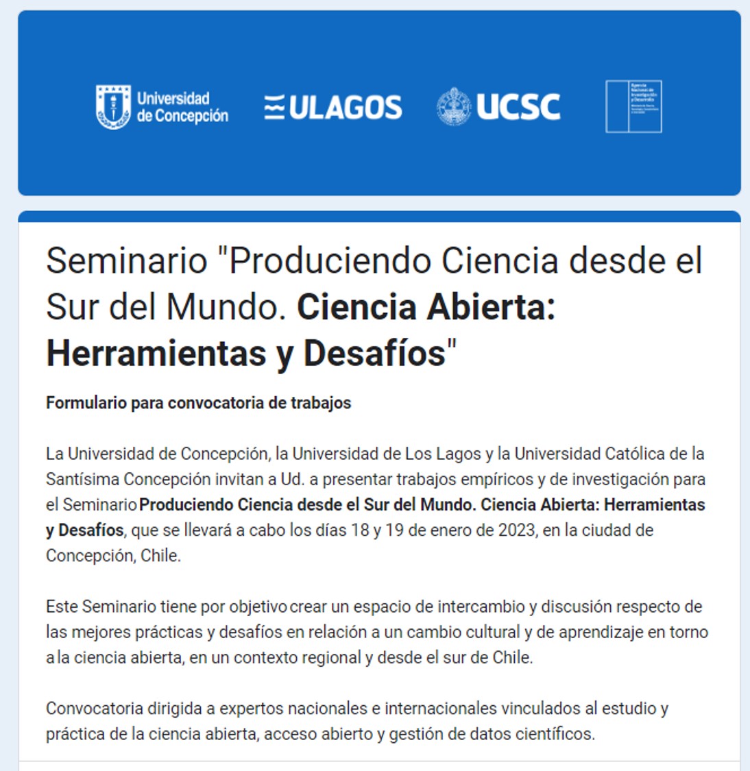 Seminario "Produciendo Ciencia desde el Sur del Mundo. Ciencia Abierta: Herramientas y Desafíos"